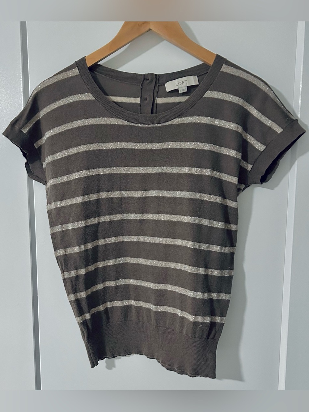 Striped Taupe & Silver Cotton Blend Knit Short Sleeve Lightweight Sweater (EUC)
